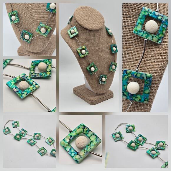 Green Blue Geometric Square Stations Silver Tone Separators Beaded Necklace - Picture 1 of 13